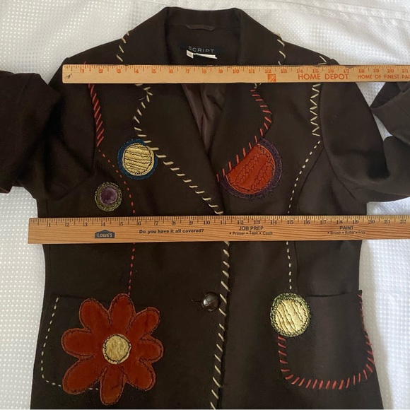 Script Brown Floral Women’s Embroidery Blazer, Wool blend Size 12, vintage - Picture 4 of 12